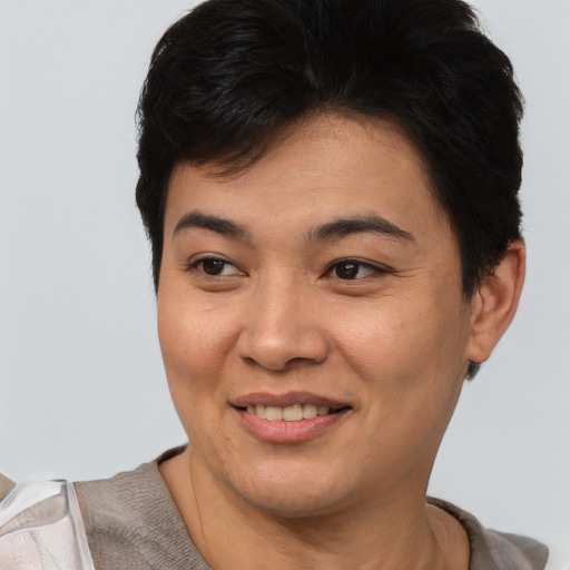 Joyful asian young-adult female with short  brown hair and brown eyes