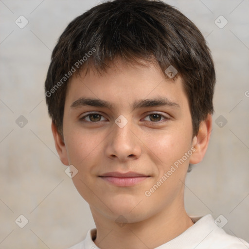 Joyful white child male with short  brown hair and brown eyes