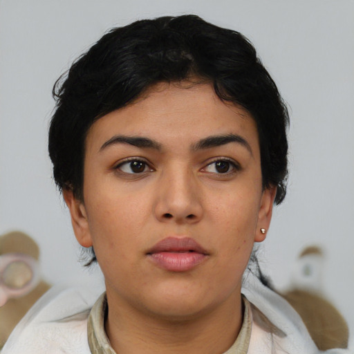 Neutral asian young-adult female with short  black hair and brown eyes