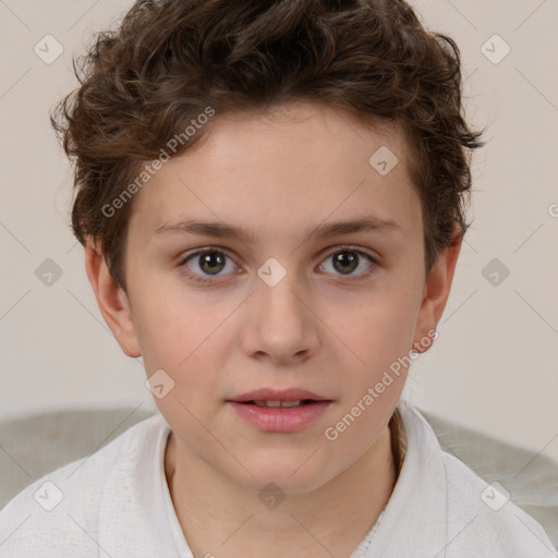 Joyful white child female with short  brown hair and brown eyes