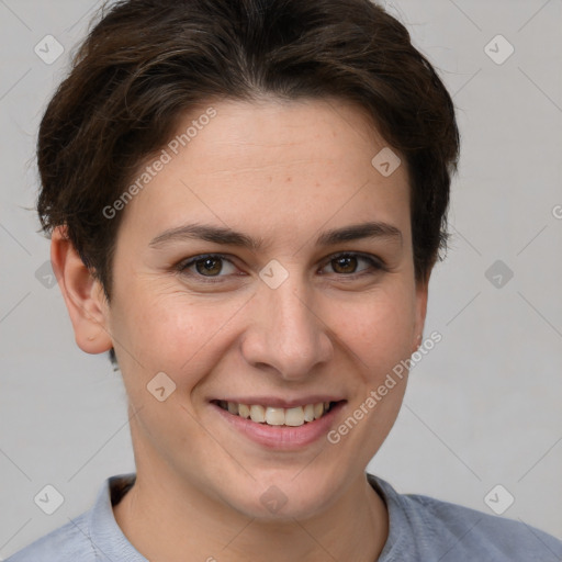 Joyful white young-adult female with short  brown hair and brown eyes