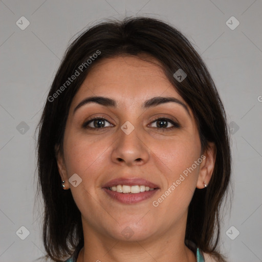 Joyful white young-adult female with medium  brown hair and brown eyes