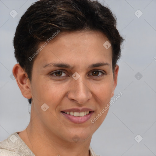 Joyful white young-adult female with short  brown hair and brown eyes