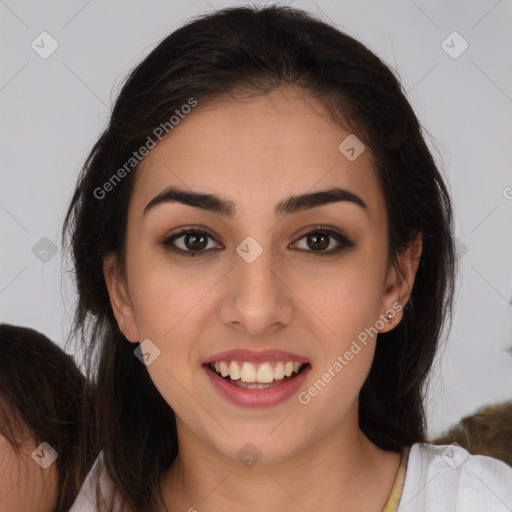 Joyful white young-adult female with medium  brown hair and brown eyes