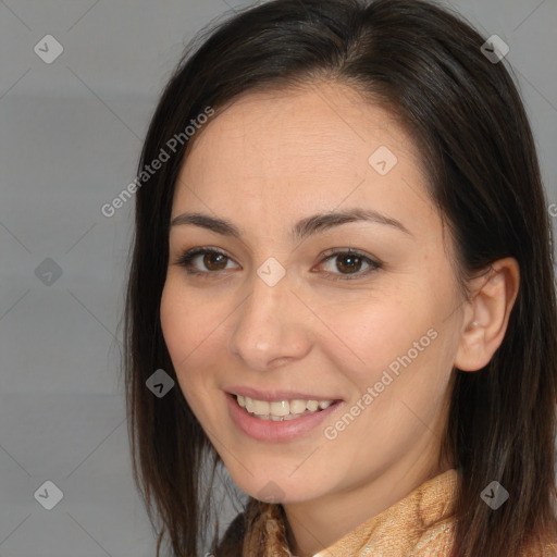 Joyful white young-adult female with medium  brown hair and brown eyes