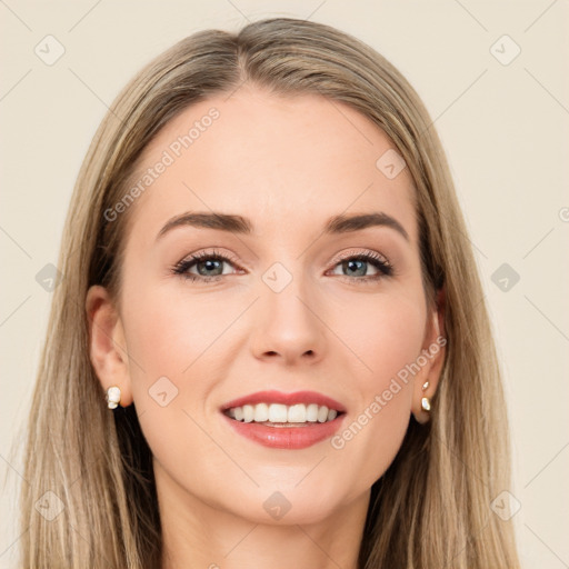 Joyful white young-adult female with long  brown hair and grey eyes