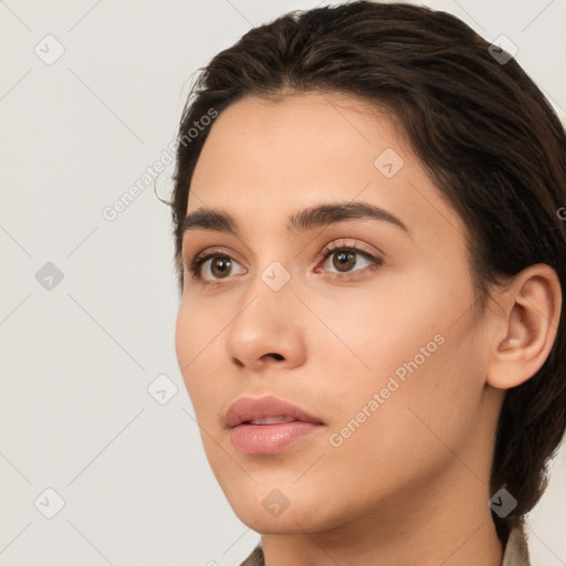 Neutral white young-adult female with medium  brown hair and brown eyes