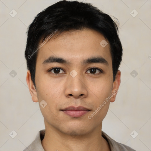 Neutral asian young-adult male with short  black hair and brown eyes