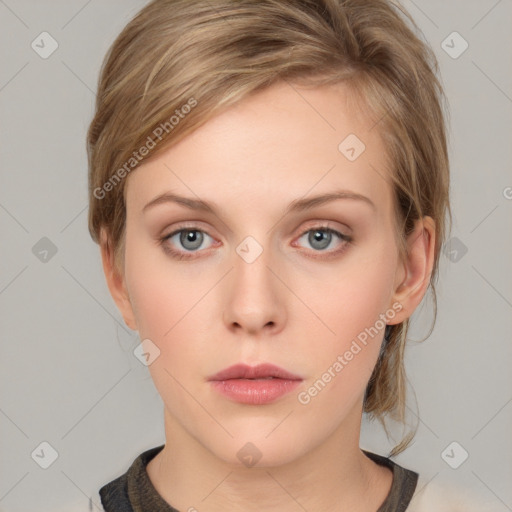 Neutral white young-adult female with medium  brown hair and grey eyes