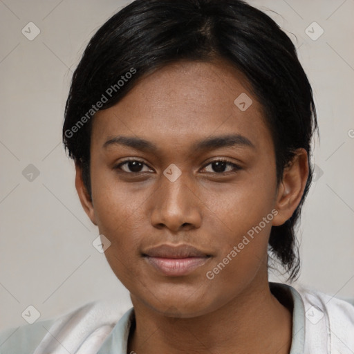 Neutral asian young-adult female with short  black hair and brown eyes