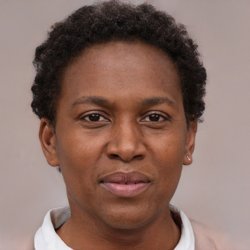 Joyful black adult female with short  brown hair and brown eyes