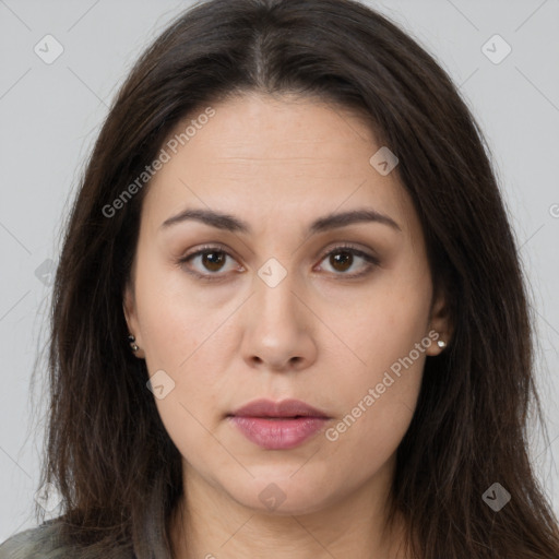 Neutral white young-adult female with long  brown hair and brown eyes