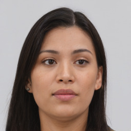 Neutral asian young-adult female with long  brown hair and brown eyes