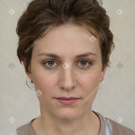 Neutral white young-adult female with short  brown hair and brown eyes