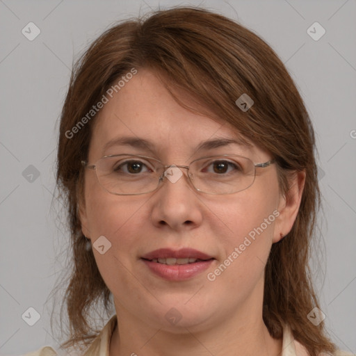 Joyful white adult female with medium  brown hair and grey eyes