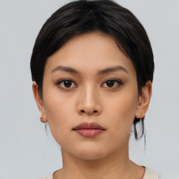 Neutral asian young-adult female with short  black hair and brown eyes