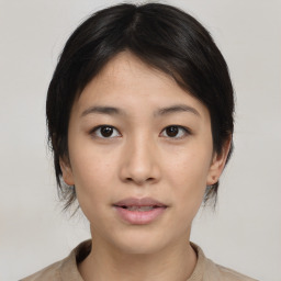 Neutral asian young-adult female with medium  brown hair and brown eyes