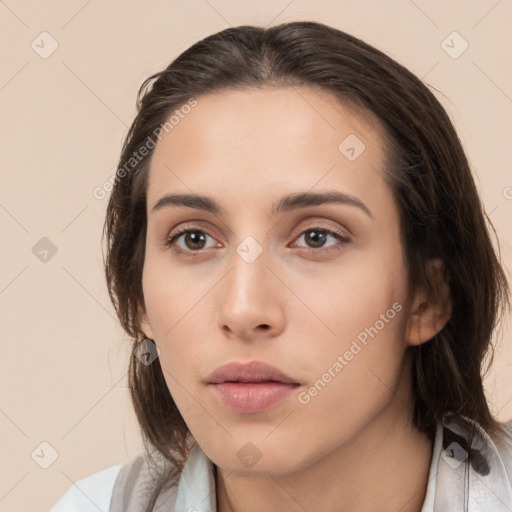 Neutral white young-adult female with medium  brown hair and brown eyes