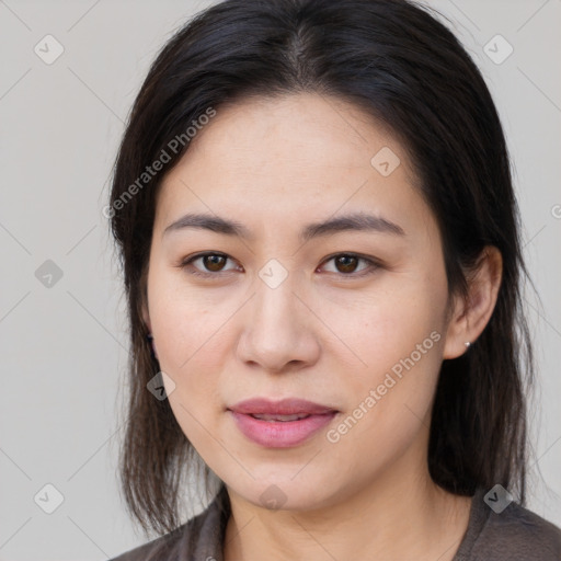 Joyful white young-adult female with medium  brown hair and brown eyes