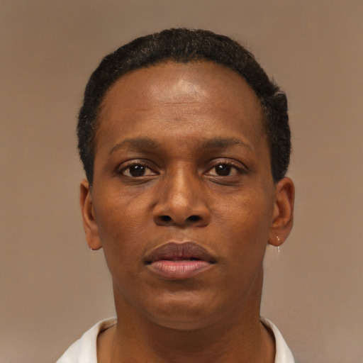 Neutral black young-adult female with short  black hair and brown eyes