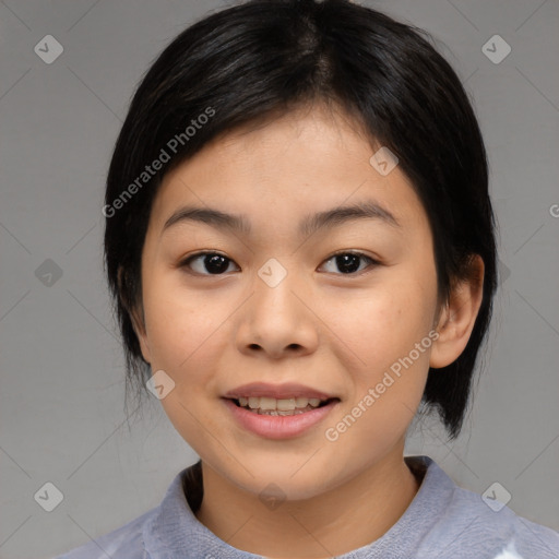 Joyful asian young-adult female with medium  black hair and brown eyes