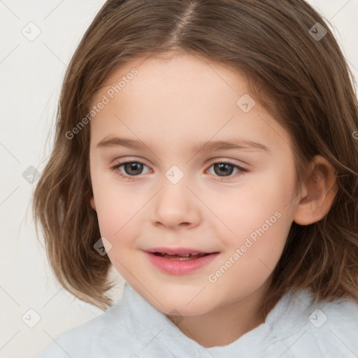 Joyful white child female with medium  brown hair and brown eyes