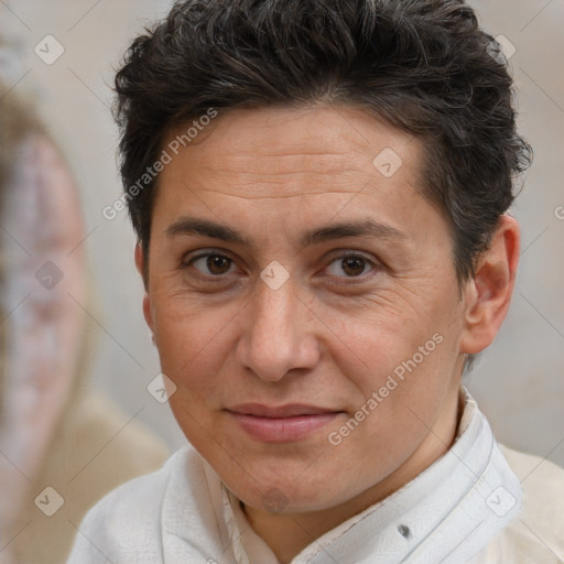 Joyful white adult female with short  brown hair and brown eyes