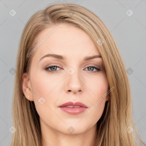 Neutral white young-adult female with long  brown hair and brown eyes