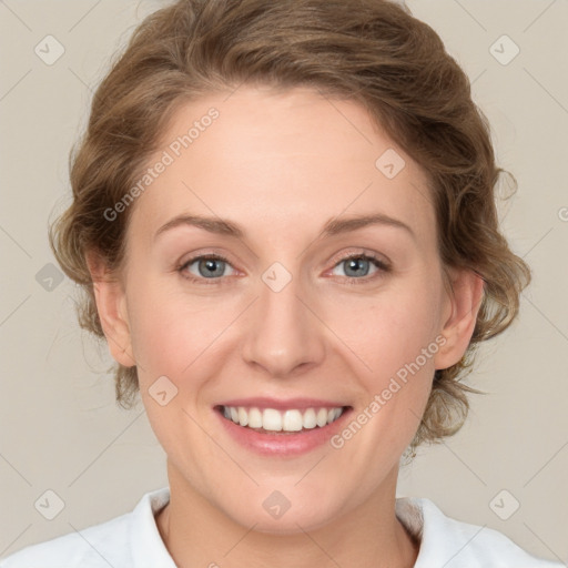 Joyful white young-adult female with medium  brown hair and green eyes