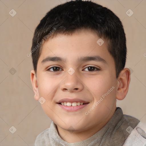 Joyful white child male with short  brown hair and brown eyes