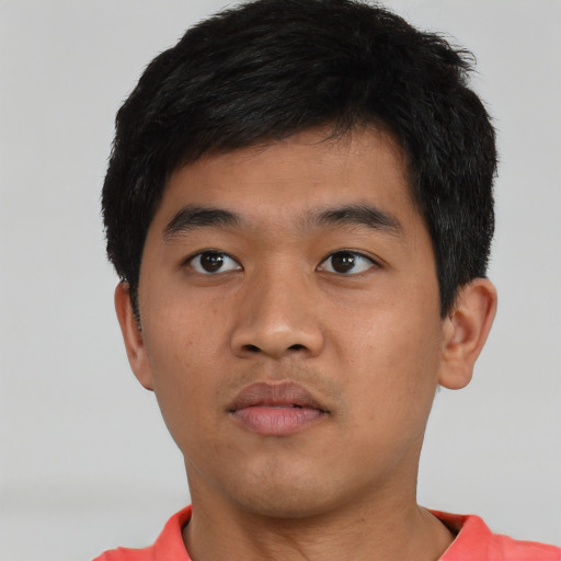 Neutral asian young-adult male with short  brown hair and brown eyes