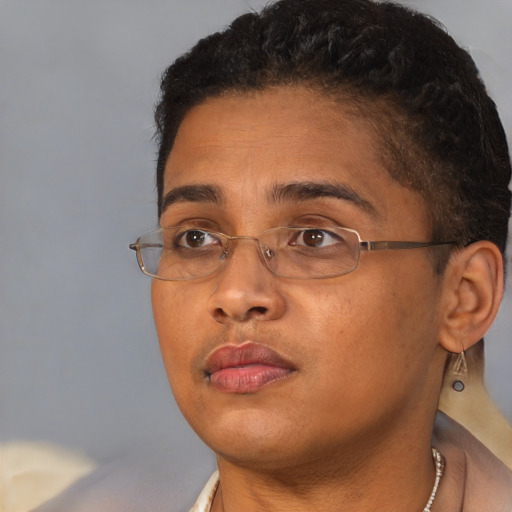 Neutral asian young-adult female with short  brown hair and brown eyes