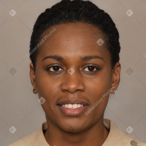 Joyful black young-adult female with short  black hair and brown eyes