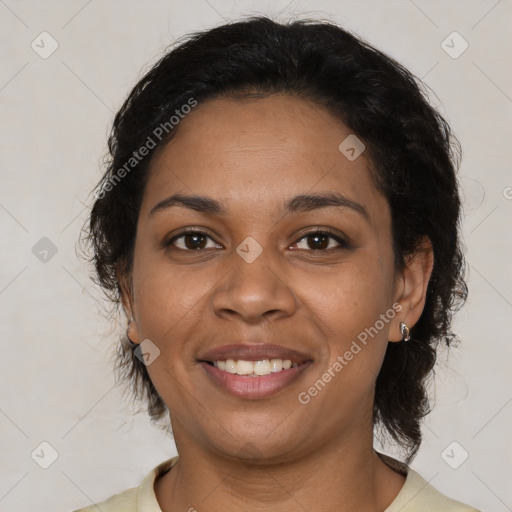 Joyful latino young-adult female with medium  black hair and brown eyes