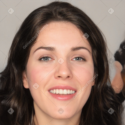 Joyful white young-adult female with long  brown hair and green eyes