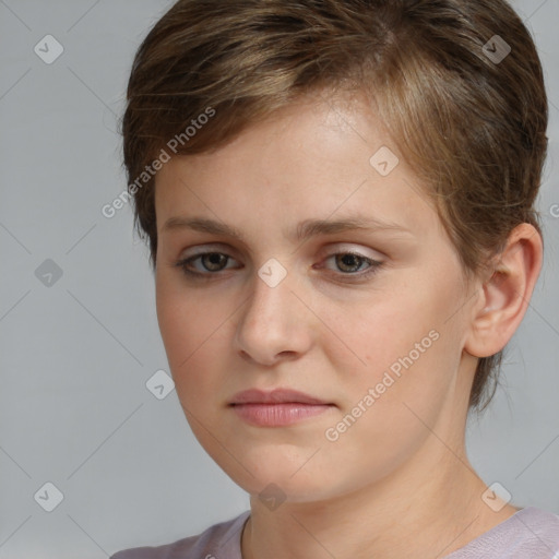 Neutral white young-adult female with short  brown hair and brown eyes