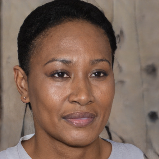 Joyful black adult female with short  brown hair and brown eyes