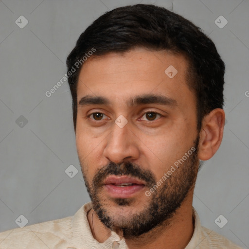 Neutral latino young-adult male with short  black hair and brown eyes