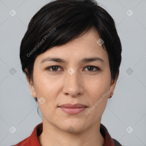 Joyful white young-adult female with medium  brown hair and brown eyes