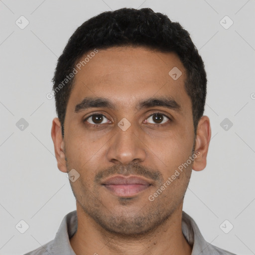 Neutral latino young-adult male with short  black hair and brown eyes
