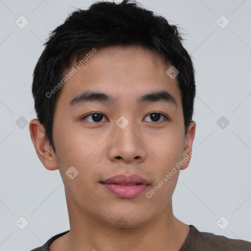 Neutral asian young-adult male with short  brown hair and brown eyes