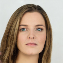 Neutral white young-adult female with long  brown hair and green eyes