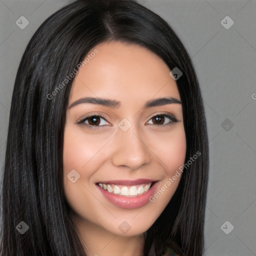 Joyful white young-adult female with long  black hair and brown eyes