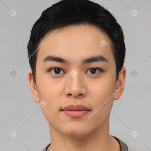 Neutral asian young-adult male with short  black hair and brown eyes