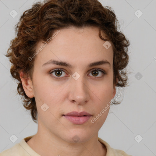 Neutral white young-adult female with medium  brown hair and brown eyes