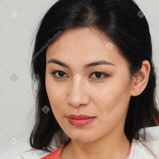 Neutral asian young-adult female with medium  brown hair and brown eyes