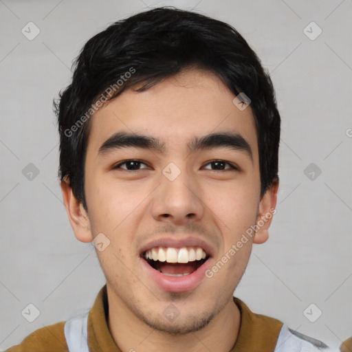 Joyful asian young-adult male with short  black hair and brown eyes