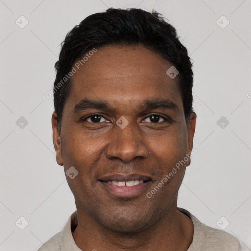 Joyful black young-adult male with short  black hair and brown eyes