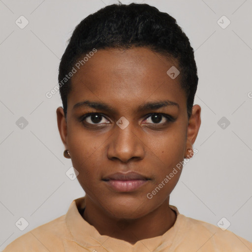 Neutral black young-adult female with short  black hair and brown eyes