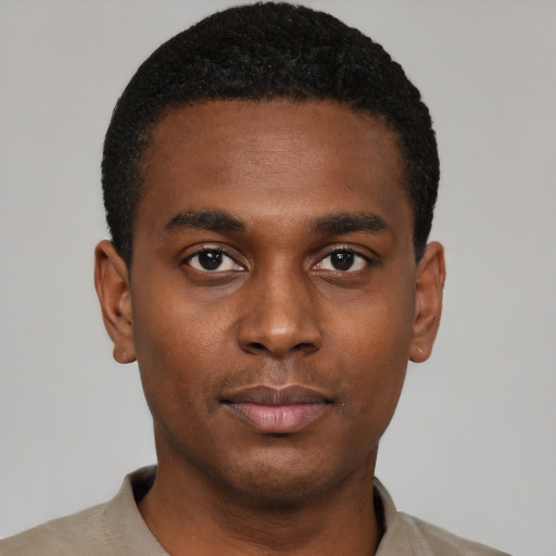 Neutral black young-adult male with short  black hair and brown eyes